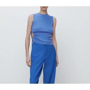 Zara Sleeveless Side Key Hole Tie Ruched Ribbed Tank Top Crop Tank Top S Blue